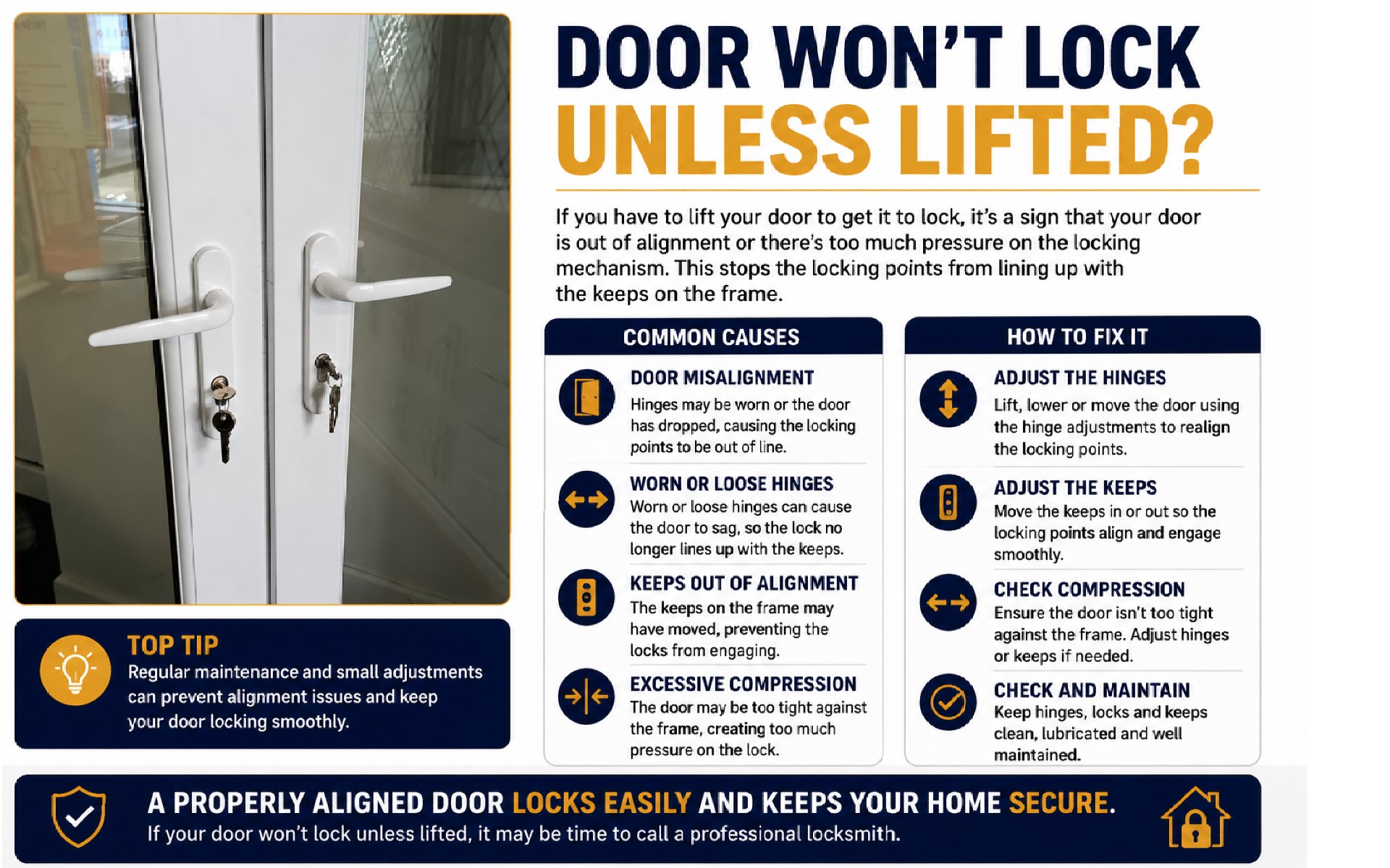 Door won't lock unless lifted Door won't lock unless lifted