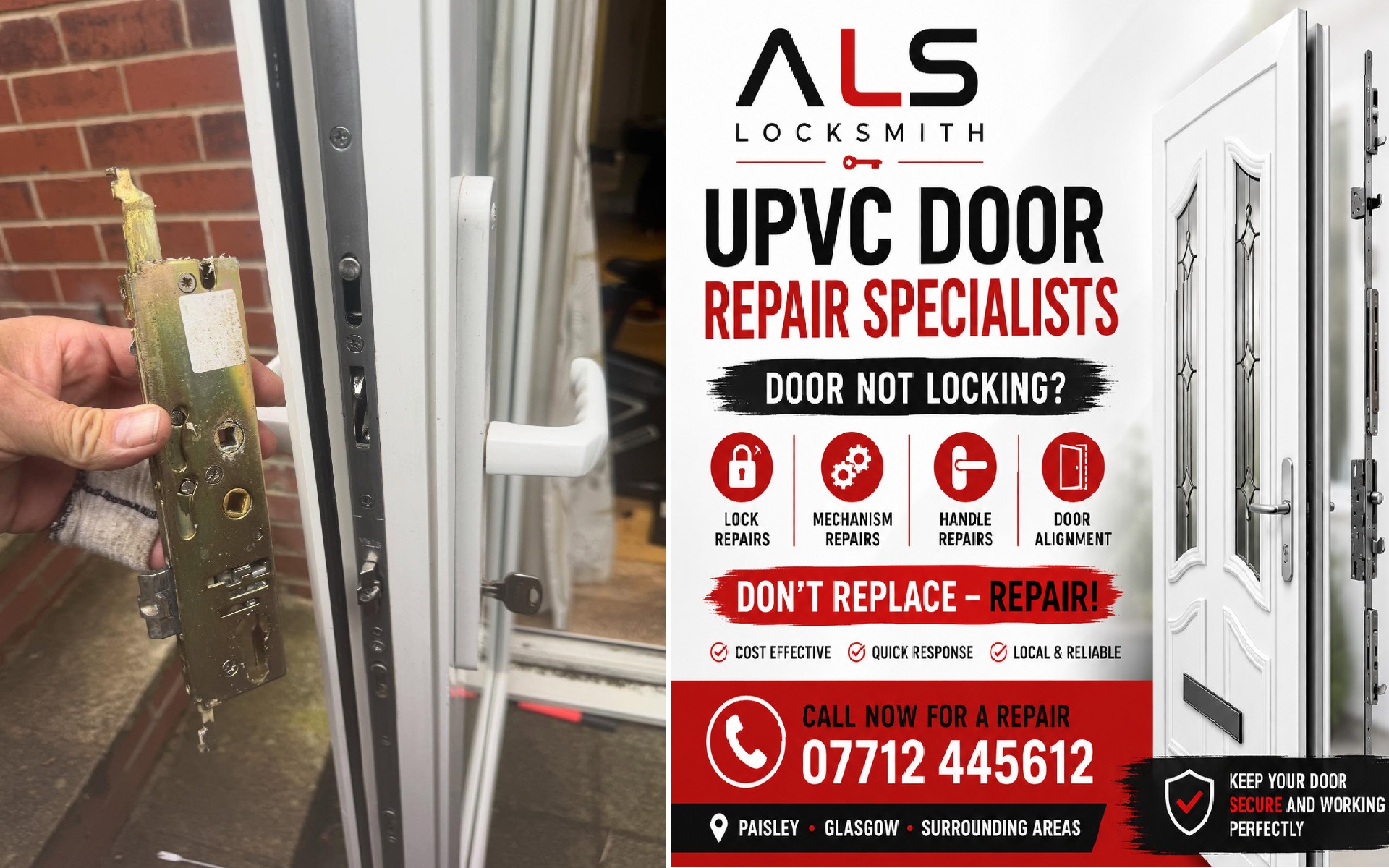 uPVC Door Mechanism Repair in Paisley: Failed Gearbox, Seized Hook & Door Alignment