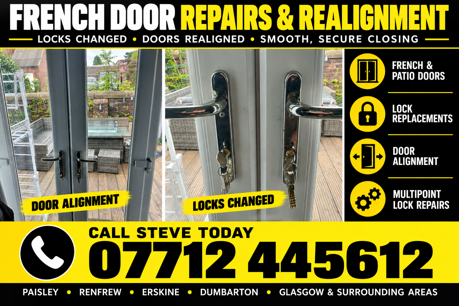 French Door and Conservatory Door Lock Repairs and Realignment in Paisley and Glasgow